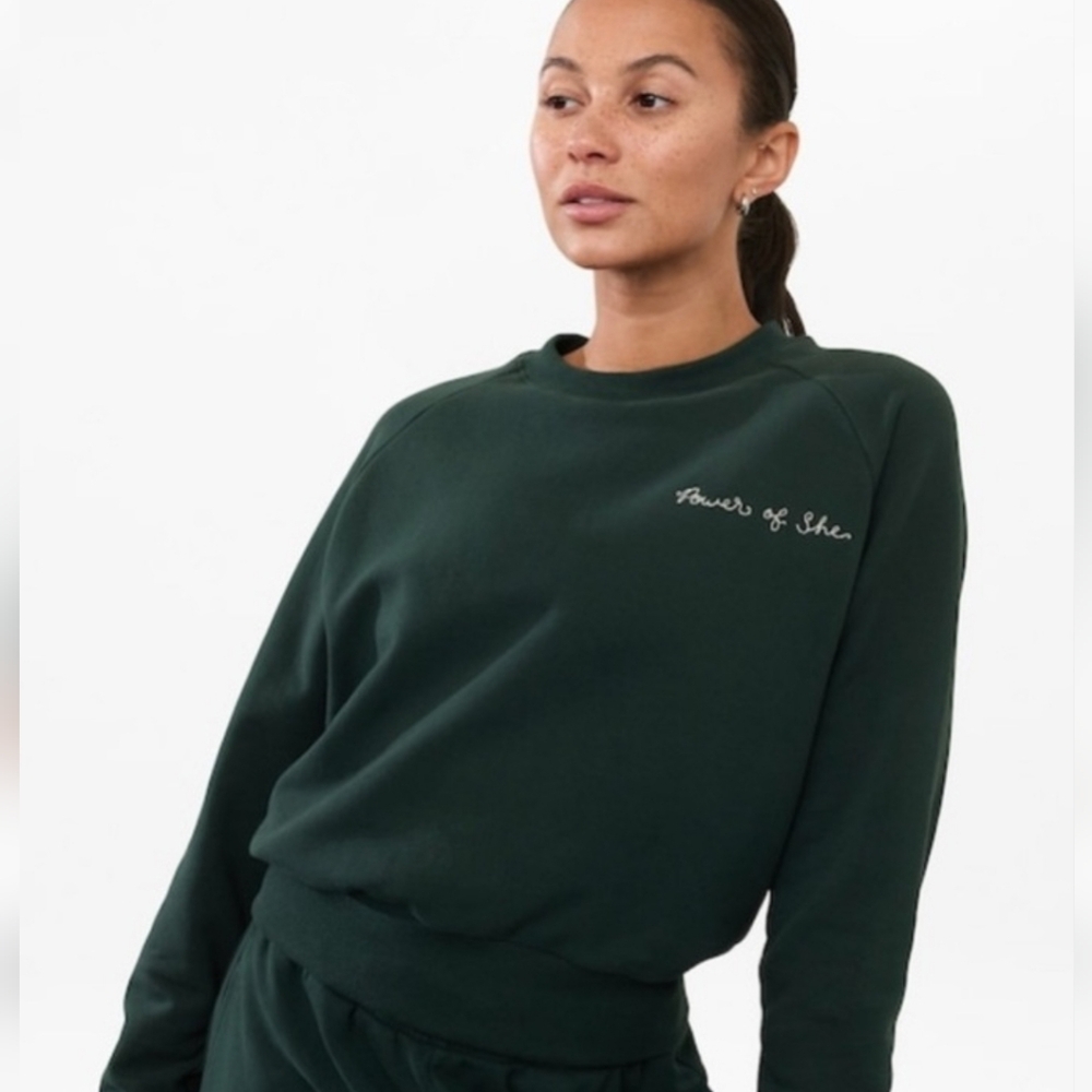 Athleta Power of She Embroidered Crew Sweatshirt Cypress Green XS NWOT